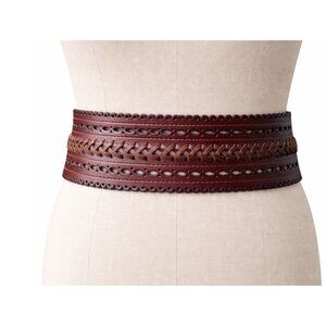 Vintage Women’s Wide Leather Statement Belt Brown Braided Cutout 3 Inch wide